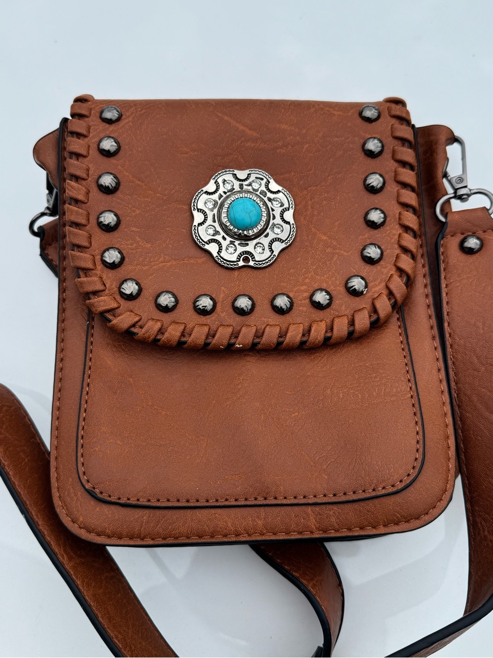 Brown Western-Style Crossbody Bag with Turquoise Accent